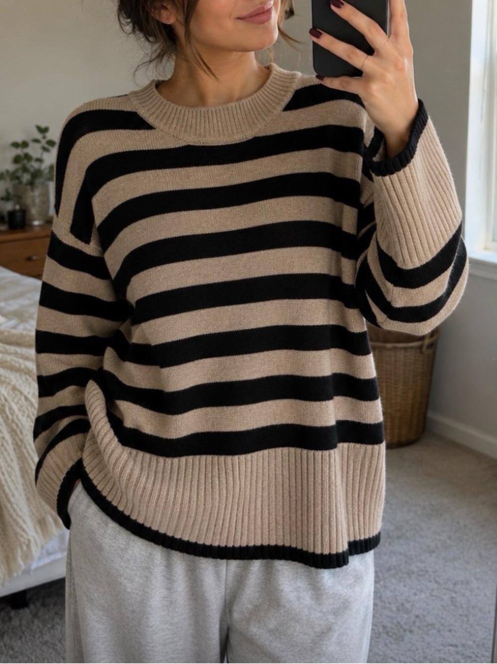 Women's Striped Crewneck Sweater in Beige and Black